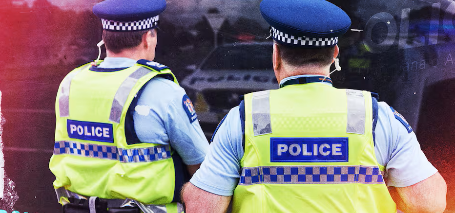 A New Zealand Police officer stands beside a patrol car on a residential street.