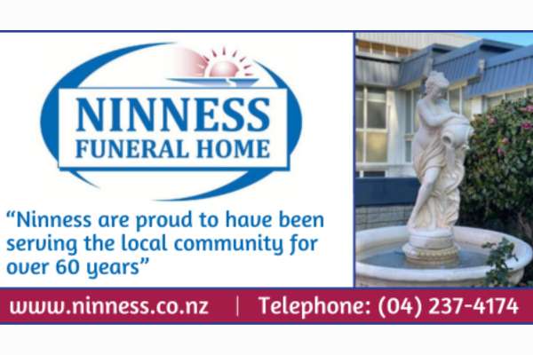 Ninness Funeral Home promotional graphic featuring the company logo, a memorial fountain statue, and text noting over 60 years serving the local community.