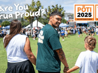 A man, woman, and child holding hands at a busy outdoor community event, with banners for “Local elections 2025,” “Pōti 2025,” and “Vote 2025” in the background. The phrase “Are You Porirua Proud?” is displayed, reflecting strong voter engagement across the city.