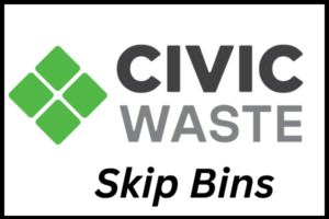 Civic Waste Skip Bins logo featuring four green diamond shapes forming a square and the words “CIVIC WASTE” in bold black and grey text, with “Skip Bins” in italic black text below.