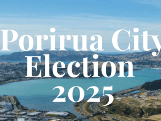 Aerial view of Porirua Harbour with white text overlay reading “Porirua City Election 2025”.