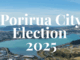 Aerial view of Porirua Harbour with white text overlay reading “Porirua City Election 2025”.