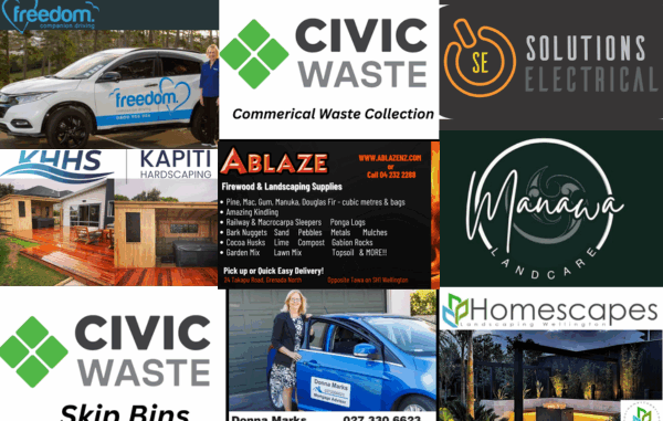 Collage of nine local Porirua and Kāpiti businesses recently added to the Porirua News Business Directory, including Civic Waste, Solutions Electrical, Freedom Drivers, Kapiti Hardscaping, Ablaze Firewood, Manawa Landcare, Homescapes, and Mortgage Express.