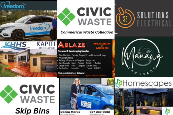 Collage of nine local Porirua and Kāpiti businesses recently added to the Porirua News Business Directory, including Civic Waste, Solutions Electrical, Freedom Drivers, Kāpiti Hardscaping, Ablaze Firewood, Manawa Landcare, Homescapes, and Mortgage Express.