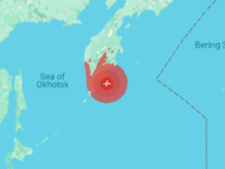 Map showing earthquake epicentre near the Kuril Islands off eastern Russia, with red concentric circles indicating affected zones across the Sea of Okhotsk.