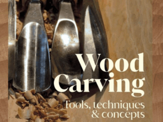 Close-up of wood carving tools resting on wood shavings, with the book title “Wood Carving: Tools, Techniques & Concepts.”