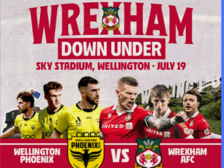 Promotional poster showing Wellington Phoenix and Wrexham AFC players ahead of their match at Sky Stadium, Wellington.