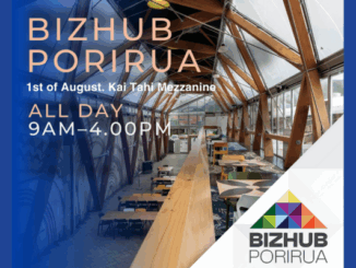 Promotional flyer for BizHub Porirua event, 1 August, Kai Tahi Mezzanine, 9 AM–4 PM.