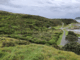 View of Onehunga Bay and surrounding coastal vegetation in Whitireia Park, with a road leading toward the sea and cloudy skies overhead.