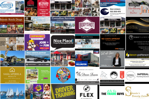 Collage of business logos and advertisements from over 40 local Porirua businesses featured in the Porirua News Business Directory.
