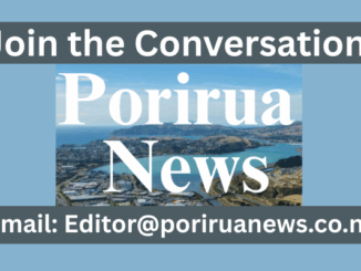 Join the Conversation banner for Porirua News with aerial view of Porirua Harbour