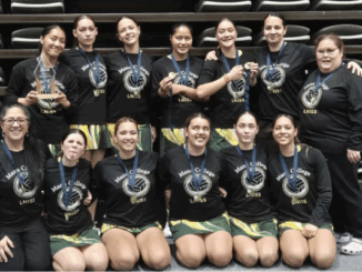 Mana College Senior A netball team pose with medals and trophies after winning the Lower North Island Secondary Schools B Grade final.