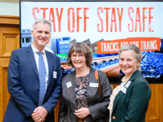 L-R KiwiRail Chief Executive Peter Reidy, Greater Wellington Deputy Chair Adrienne Staples, Metlink Group Manager Samantha Gain.