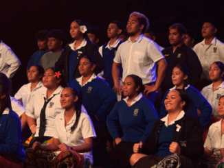 Students from Wellington region colleges perform traditional Pacific songs on stage during Te Kiwa Nui 2025.