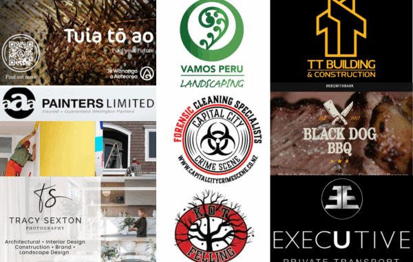 A collage of nine Porirua businesses featured in the Porirua News Business Directory, including Wānanga o Aotearoa, Vamos Peru Landscaping, Black Dog BBQ, Capital City Crime Scene Specialists, TT Building & Construction, Knock Out Tree Felling, Executive Private Transport, Tracy Sexton Photography, and AAA Painters.
