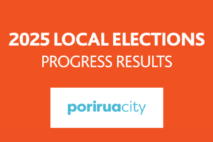 Graphic with text reading “2025 Local Elections Progress Results” and Porirua City logo on an orange background.