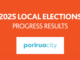 Graphic with text reading “2025 Local Elections Progress Results” and Porirua City logo on an orange background.