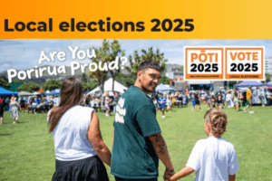 Three people holding hands and walking toward a community event in a park, with election branding that reads “Local elections 2025” and “Are You Porirua Proud?” in the foreground. Banners for Pōti 2025 and Vote 2025 are also visible.