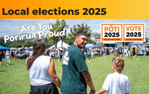 Three people holding hands and walking toward a community event in a park, with election branding that reads “Local elections 2025” and “Are You Porirua Proud?” in the foreground. Banners for Pōti 2025 and Vote 2025 are also visible.