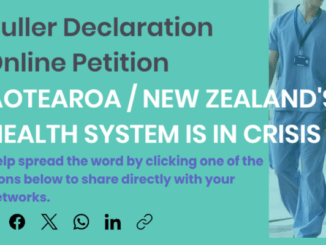 Poster promoting the Buller Declaration online petition, highlighting that Aotearoa / New Zealand's health system is in crisis, with social media sharing icons.