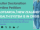 Poster promoting the Buller Declaration online petition, highlighting that Aotearoa / New Zealand's health system is in crisis, with social media sharing icons.