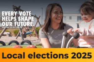 A woman and young child smiling together at a playground, encouraging Porirua residents to vote in the 2025 local elections under the message “Every vote helps shape our future.”