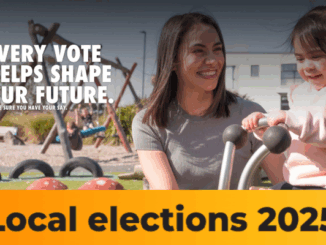 A woman and young child smiling together at a playground, encouraging Porirua residents to vote in the 2025 local elections under the message “Every vote helps shape our future.”