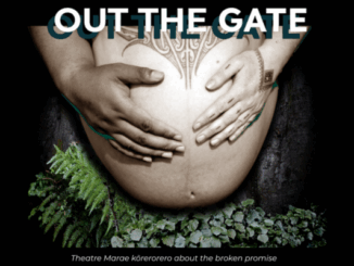 Hands cradling a pregnant belly with tā moko, surrounded by native ferns and plants.