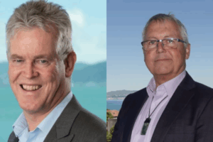 Side-by-side portraits of Wayne Maxwell and Pat Dougherty, senior executives at Wellington Water.