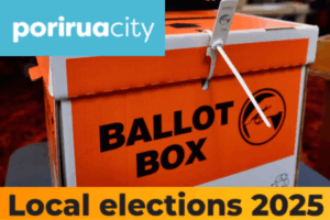Sealed orange ballot box with Porirua City Council logo and “Local elections 2025” text, symbolising closed voting in Porirua.