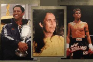 Three framed portraits of Porirua Hall of Fame inductees. From left: a smiling man holding a large trophy, a woman in a yellow top with long hair looking thoughtfully to the side, and a male boxer in red gloves and black shorts with "New Zealand" printed on the front.