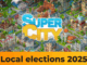 Illustrated cityscape with the words “Super City” above “Local elections 2025,” symbolising discussions about potential council amalgamation across the Wellington region.