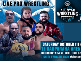 Poster for All Star Wrestling: Porirua featuring six wrestlers posing with championship belts, with event details showing Saturday 11 October at Te Rauparaha Arena, doors open 5pm, bell time 6pm.