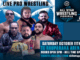 Poster for All Star Wrestling: Porirua featuring six wrestlers posing with championship belts, with event details showing Saturday 11 October at Te Rauparaha Arena, doors open 5pm, bell time 6pm.