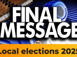 Graphic with bold white text reading “FINAL MESSAGE” over a background of a notebook, pen, and microphone, with an orange banner at the bottom that says “Local elections 2025.”