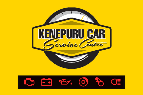 Kenepuru Car Service Centre logo on a bright yellow background with automotive service icons beneath it.
