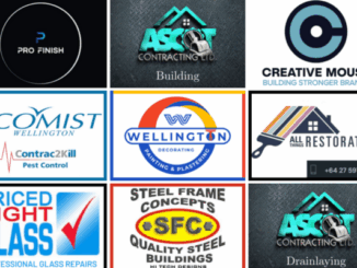 Logos of nine Porirua businesses — Pro Finish Painting & Decorating, Ascot Contracting (Building and Drainlaying), Creative Mouse Graphic Design, Ecomist Wellington, Wellington Painting & Plastering, All Things Restoration, Priced Right Glass, and Steel Frame Concepts — featured in the Porirua News Business Directory.