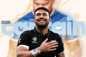Ardie Savea holding a trophy at the New Zealand Rugby Awards ceremony.