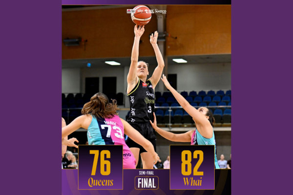 Basketball player from the Queens shoots over two Whai defenders during the Tauihi semi-final, with the final score showing Queens 76, Whai 82.