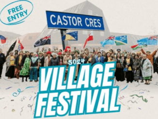 View of Castor Crescent in Porirua, with tents and marquees set up in preparation for the 5024 Village Festival celebrating Our Whare Our Fale.