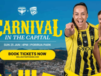 Promotional graphic for Wellington Phoenix women vs Adelaide United showing two Phoenix players in yellow and black kits, with match details for Sunday January 25 at 4pm.