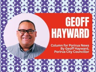 Portrait of Porirua City councillor Geoff Hayward smiling, with a graphic background and his name displayed alongside.