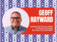 Portrait of Porirua City councillor Geoff Hayward smiling, with a graphic background and his name displayed alongside.