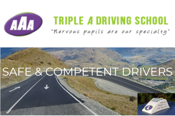 AAA Triple A Driving School promotional graphic featuring a highway road scene with the text “Safe and Competent Drivers” and driving lesson branding.