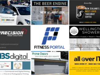 Collage of nine Porirua News Business Directory members featuring logos and business images including Drive 4 Life, The Beer Engine, Streetwise Coffee, Precision Trade Solutions, Fitness Portal, Wellington Showers, MBS Digital Print Solutions, Prime Doors, and All Over I.T.