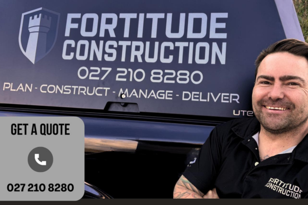 Fortitude Construction branding displayed on a vehicle with contact number and the slogan “Plan, Construct, Manage, Deliver,” alongside a smiling tradesperson.