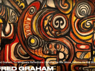Abstract painting in red, orange, black and white with swirling koru forms and stylised Māori motifs, overlaid with text referencing Fred Graham exhibitions at Pātaka.