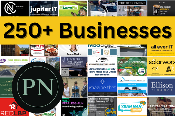 Collage of local Porirua businesses with a bold yellow banner reading “250+ Businesses” and the Porirua News logo in the foreground.