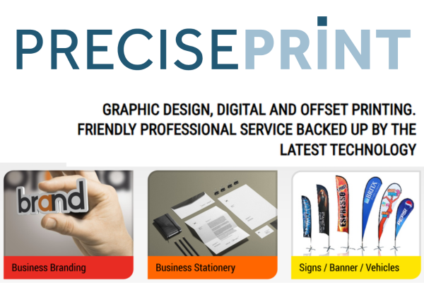 Precise Print promotional graphic featuring the text “PRECISEPRINT” with examples of business branding, stationery printing, and signage services.