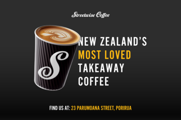 Streetwise Coffee promotional graphic showing a takeaway coffee cup and branding for the Porirua Centre location.